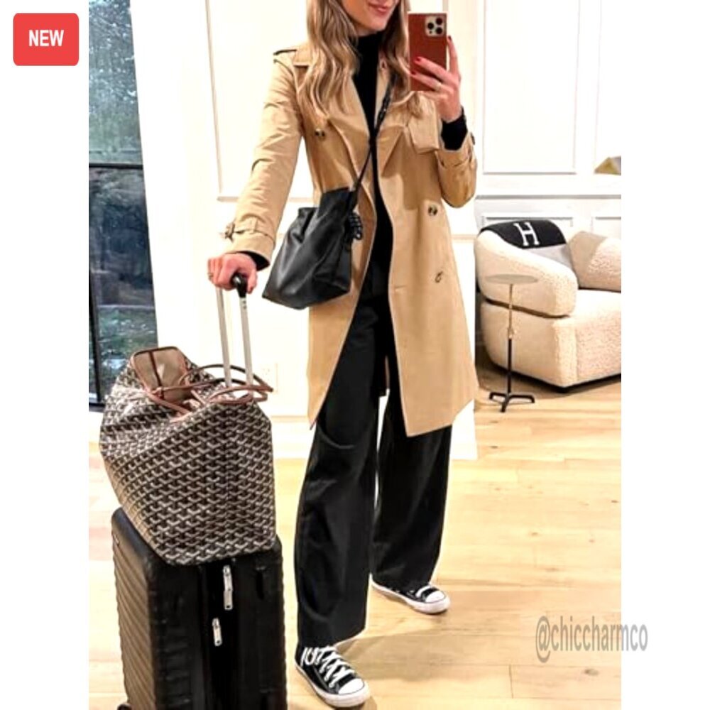 Long Trench Coat Double Breasted Classic Lapel Overcoat with Belt - Picture 4 of 7